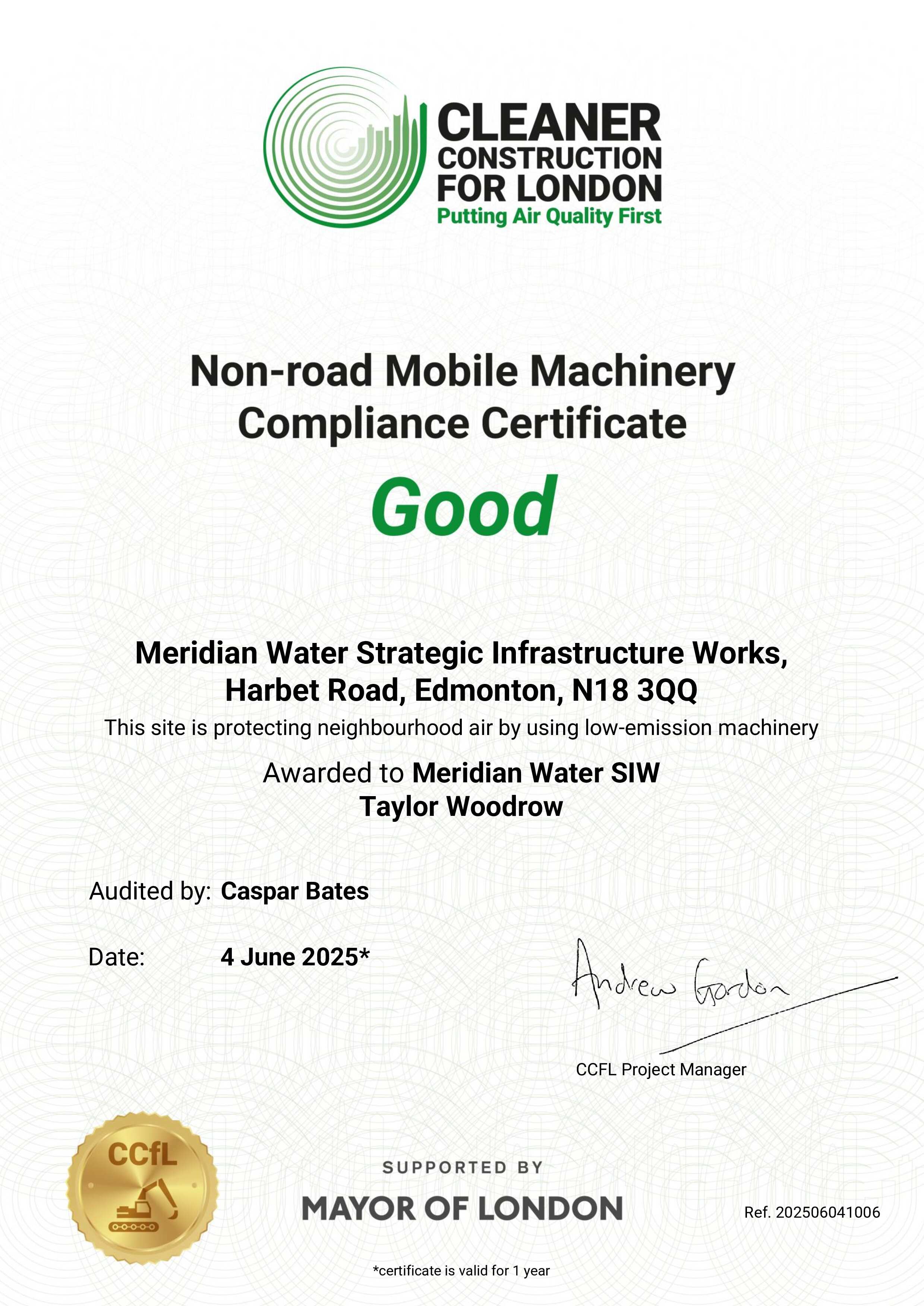 Meridian Water SIW Project Awarded NRMM Compliance Certificate for Cleaner Construction